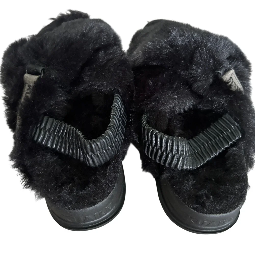 EUC KuaiLu Faux Fur Criss Cross Platform Sandals Sz 7 Black Comfort Orthotic